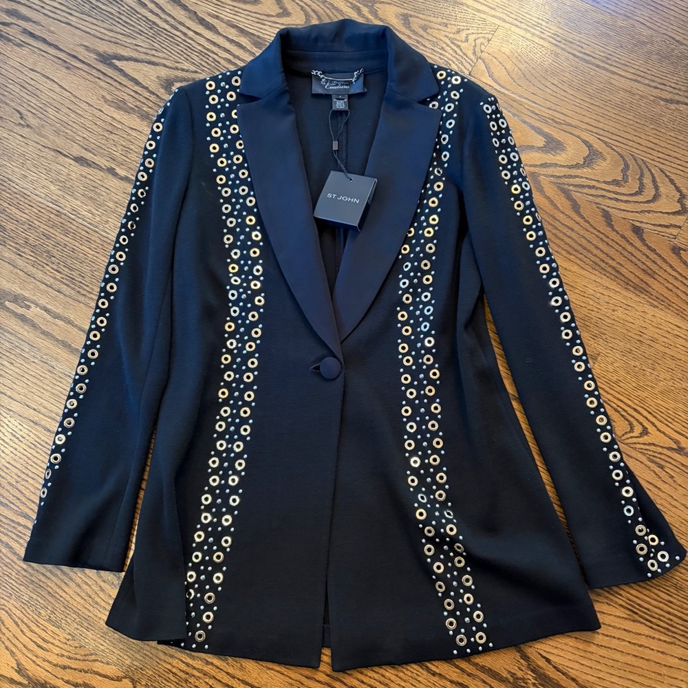 St. John Black Blazer with Gold & Cream Eyelet Embellishment